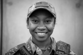 U.S. Air Force Airman 1st Class Latavia King, a Security Forces member from the 405th Expeditionary Support Squadron, poses for a portrait Nov. 21, 2019, at Bagram Airfield, Afghanistan. King is deployed here from Sheppard Air Force Base, Texas. (U.S. Air Force photo by 2nd Lt. Brigitte N. Brantley)